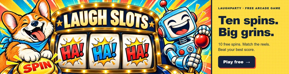 LaughParty: Laugh Slots. Spin up the fun! Ten free spins. Match the laughing reels and beat your best score. Play free.