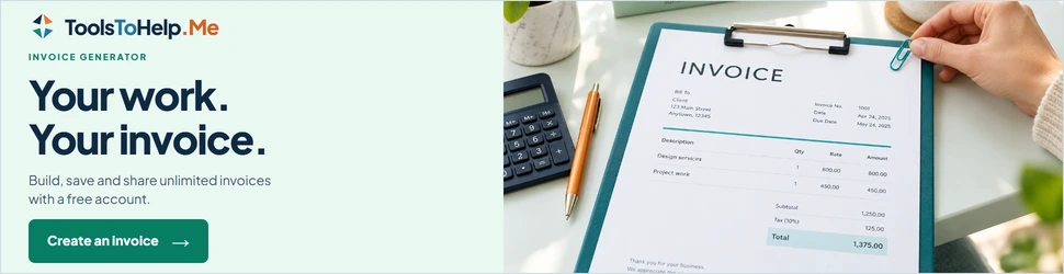 ToolsToHelp.Me: Your work. Your invoice. Build, save and share unlimited invoices with a free account. Create an invoice.