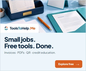 ToolsToHelp.Me: Small jobs. Free tools. Done. Invoices, PDFs, QR codes and credit education. One free account. Explore free tools.
