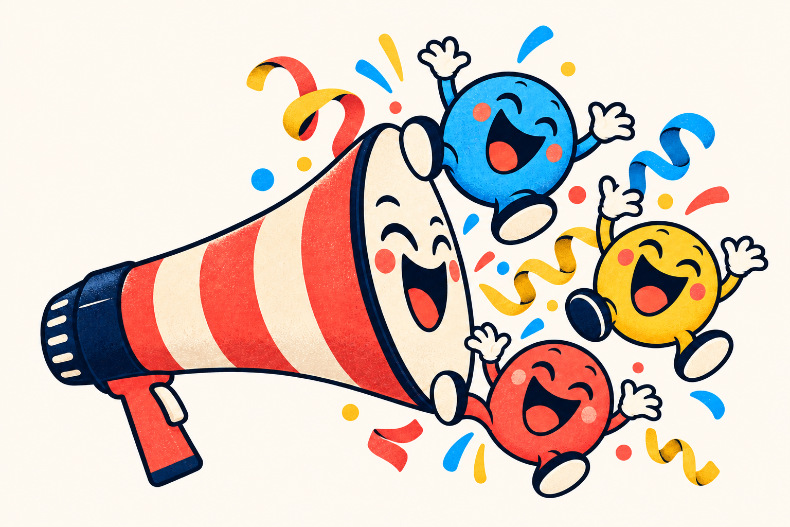 Laughing party characters with a megaphone