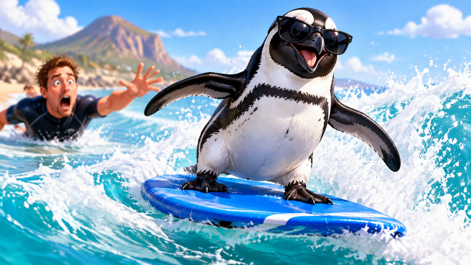 Tuxedoed Bird Steals Bodyboard, Claims He Was Born for This