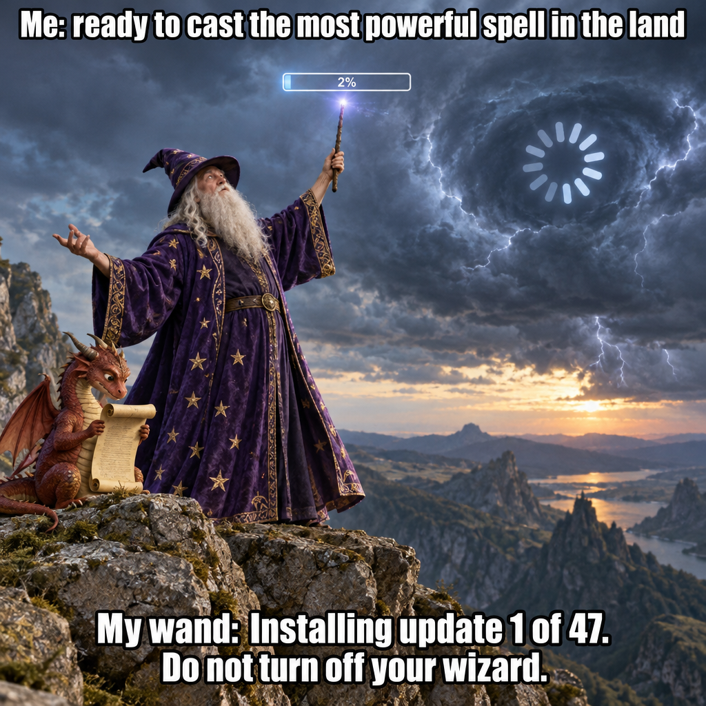 Wizard Waits Patiently While Magic Wand Installs Mandatory Update
