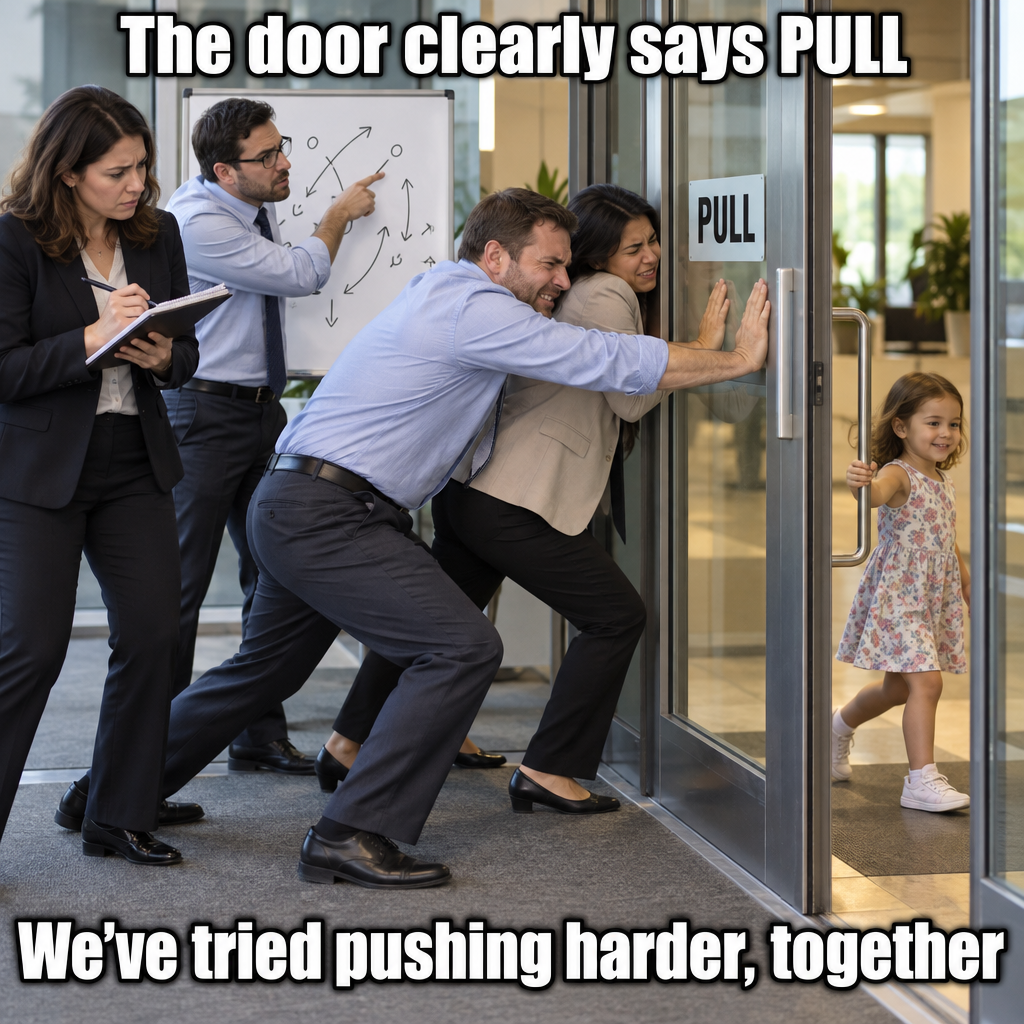 Team of Four Adults Holds Strategy Meeting at Door Marked PULL