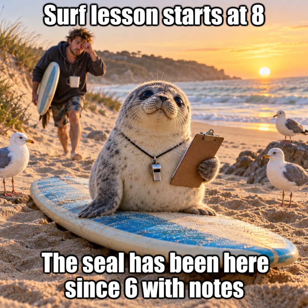 Seal Pup Arrives at Surf Lesson Before the Instructor, Already Waxed