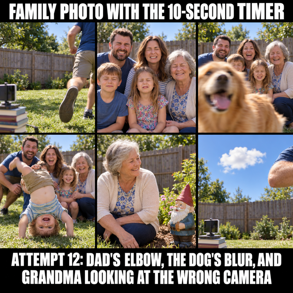 Family Attempts Self-Timer Group Photo, Achieves One Usable Elbow by Attempt Twelve