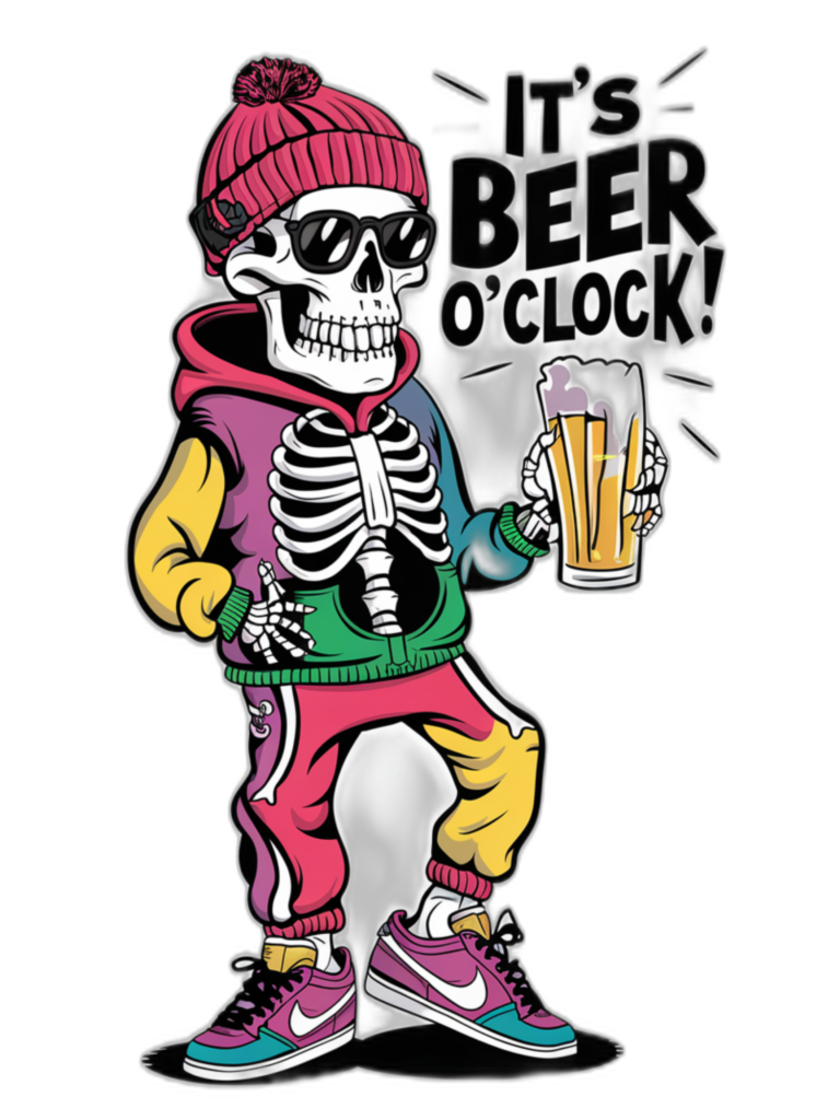 Raise a glass to the ultimate celebration of life’s finest moments with the “It’s Beer O’Clock” poster! This playful piece features a stylish skeleton, clinking a mug of the frothy golden brew, inviting you to join the eternal happy hour. Adorned in trendy attire and exuding a carefree vibe, this skeleton is not just a character but a symbol of joyous rebellion against the mundane. The vibrant colors and bold statement make this poster a must-have for anyone who loves to celebrate every moment as if it’s the best one yet. It’s not just a time-telling piece; it’s a lifestyle declaration that every hour is worth celebrating. Cheers to the good times, and let this poster or mug be a reminder to savor them all!